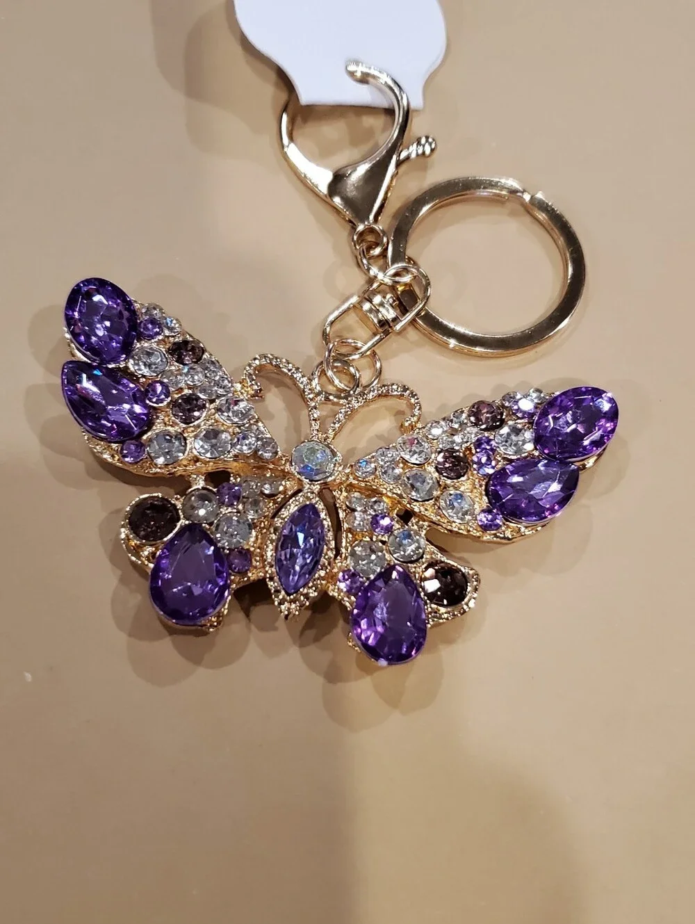 Gold Butterfly Keychain with Purple and Clear Crystals